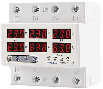 3 Protector de relé de corriente de voltaje trifásico 100A 63A 60A 220V 3P Limitador de corriente de relé de subtensión Protección de voltaje de desequilibrio ajustable Protección (63A)