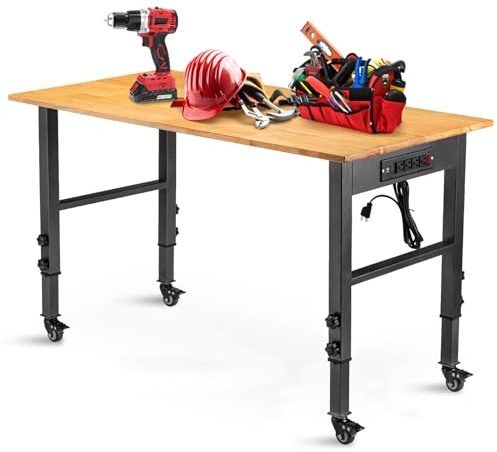 OLBRUS 48 Adjustable Workbench with Power Outlet, Heavy Duty 2000 LBS Load Capacity Hardwood Workbench Suitable for Workshop, Office, Garage, Home with Wheels