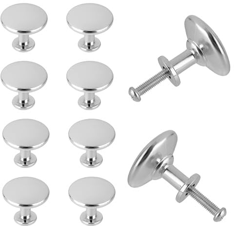 10 Pcs Cabinet Door Knobs Sliver Cupboard Door Handles Polished Chrome Hardware Kitchen Knobs Round Decorative Drawer Pull Knobs with 10 Screws for Cabinets Wardrobe Drawers Bathroom Furniture