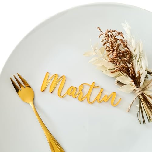 Schriftzug Hochzeit Tischkarten Personalisiert – Originelle Tischkarten Personalisiert aus Acryl-gold – Namensschriftzug Hochzeit (Spiegelacryl Gold, Moderne Schriftart)