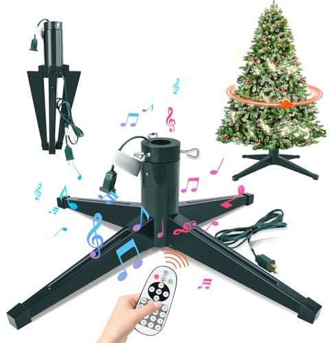 Axcoix Drehbarer Weihnachtsbaumständer, verstellbare Baumständer mit Fernbedienung, Musik, Geschwindigkeit und Licht, künstlicher Weihnachtsbaumständer für bis zu 2,4 m bis zu 45,4 kg Baum