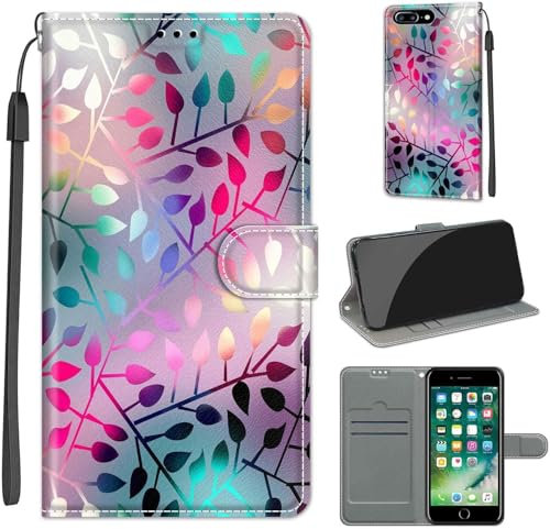 for iPhone 7 Plus 8 Plus Case, PU Leather Wallet Book Flip Folio Stand View Cover Pouch Compatible with iPhone 7 Plus 8 Plus Phone Case(Colorful Leaf)