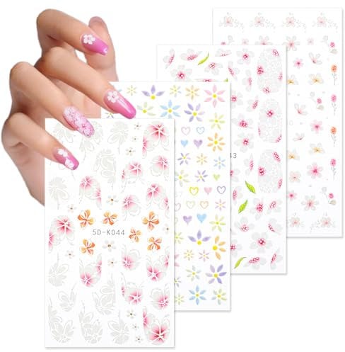 4 Sheets 3D Embossed Flower Nail Art Stickers Decals 5D Floral Nail Supplies Self-Adhesive Floral Nail Decals Nail Art Design Decoration Accessories for Nail Manicure Decor