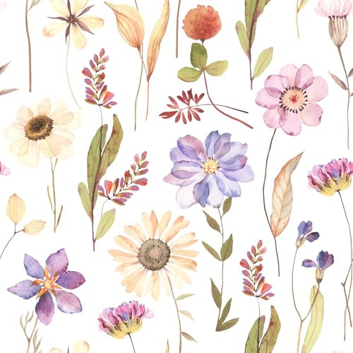 VaryFloral White Peel and Stick Wallpaper 30.5cmx300cm Sunflower Floral Contact Paper Self Adhesive Purple Flower Sticky Back Plastic Roll Fresh Furniture Wrap Vinyl Kitchen Vinyl Wrap for Cupboards