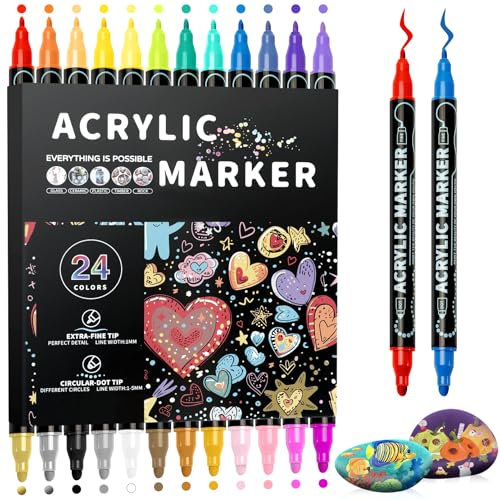 Lamitocs Feutre Acrylique Peinture Stylo, 24 PCS Marqueur Double Pointe à Base d'Eau pour Coloriage, Dessin, Textile, Calligraphie, Bois, Verre, Pierre