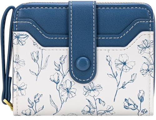 BIAOTIE Geldbörse für Damen, niedliches Blumenmuster, RFID-Kreditkartenhalter, Geldbörse, klein, doppelter Reißverschluss, Münzfach, Geldbörse mit Ausweisfenstern, Marines Blau, Blume