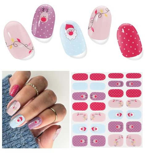 Semi Cured Gel Nail Strips, 28 Pieces Christmas Santa Stickers, Full Wraps, Red Gel Stickers for Nails, Works With Any UV Lamp