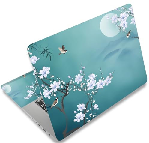 Mibbxea Autocollant en Vinyle Réutilisable pour Ordinateurs Portables 12,1-15,6,Décoratif,Résistant à l'eau et aux Rayures,pour 13,3 14 15 PC Portable et Netbook (020 Oiseaux et Fleurs Blanches)
