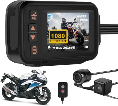 CAMECHO Dashcam für vorne und hinten, IP65 wasserdichte Dual-Dash-Kamera für Motorsport/Motorräder/UTV/ATV und Golfwagen, 2'' HD-Dashcam mit G-Sensor/Schleifenaufnahme/32GB TF-Karte/Fahrzeugrecorder