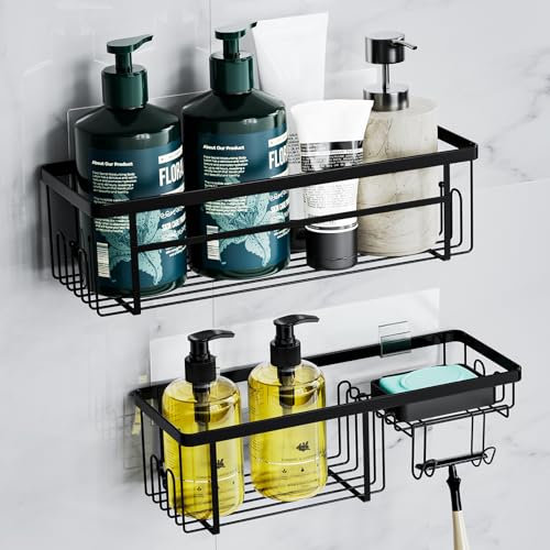 Alyvisun 2 Pièces Etagere Douche sans Percage avec Grande Capacité, Étagère Salle de Bain avec Porte-Savon et Crochets, Rangement et Organisation de la Salle de Bain, Acier Inoxydable