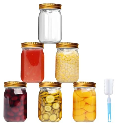 DYUEE Mason Glass Jars 6pcs, 500ml Wide Mouth Bottles with Gold Metal Lid Cleaning Brush, Transparent Glass Cans, for Overnight Oat Pickle Canned Freshman Food Storage Meal Jars