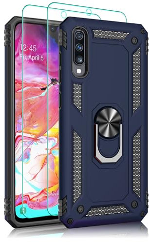 Pilaru Hülle für Samsung Galaxy A70/A70S Handyhülle, mit 2 Stück Schutzfolie, 360° Drehhalter Ring Kratzfest Outdoor Militär Stoßfest Schutzhülle für Samsung A70/A70S,Blau