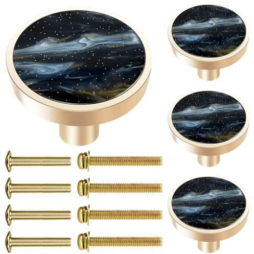 FINYSHIKK 4Pcs Round Cabinet Drawer Knobs Brass Decorative, 1.25 Polished Cabinet Handles, Gold Knobs for Dresser Jewelry Box Drawers, Pulls for Kitchen Bathroom Cabinets Door (Black Marble)