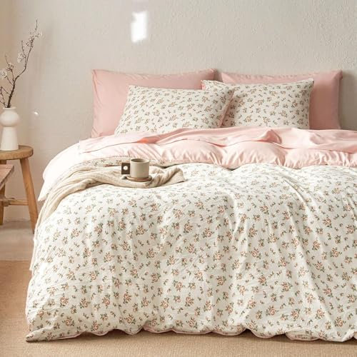 Lanqinglv Bettwäsche 155x220 Rosa Weiß Blumen Aesthetic Bettwäsche Wende aus Microfaser - ÖKO-TEX Bettwäsche Set Allergiker - Wende Bettbezug mit Reißverschluss und 1 Kissenbezug 80x80 cm
