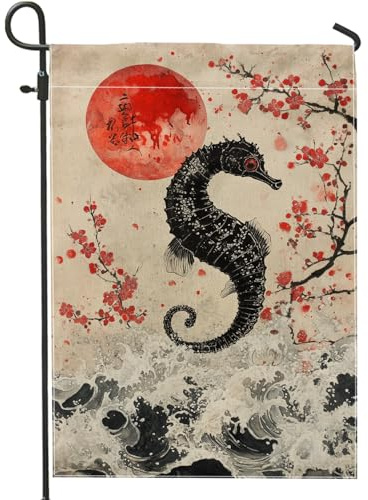 Bandiera artistica da giardino con cavallucci marini, creature del Mar Nero e Luna Rossa, Bandiera decorativa per esterni, in tela su entrambi i lati, per primavera ed estate, decorazione per patio