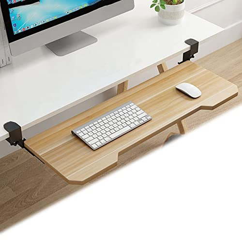 Sturdy Walnut Wooden Keyboard Tray with C-Clamp Slide-Out Drawers & Smooth Gliding Rails - 750x250mm Ideal for Home/Office Ergonomics