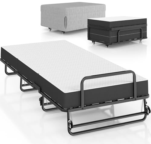 Brinlawb Cama Plegable 90x200 cm con colchón y 4 ruedas, Cama Plegable de Invitados con colchón de espuma de 10 cm de espesor, Marco de metal fuerte y estable, Utilizado como sofá, Uso versátil 2 en 1