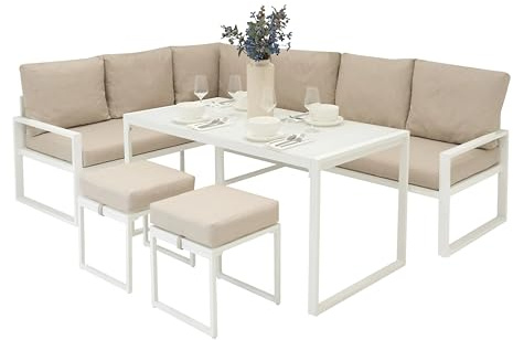 Ensemble Meubles de Jardin En Aluminium Blanc 7 Places Salon Extérieur Modulaire En Forme de L Table Avec Plateau En Verre Tabourets Coussins Épais Housses Lavables Housse Imper-méable INCLUS
