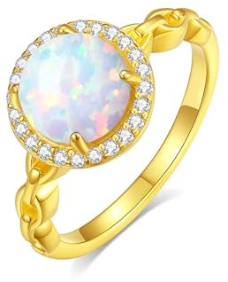 Musihy Verlobungsring Gold, 9K Gelbgold 375 Vintage-Verlobungsring mit Kette, 7,5 mm rundem weißen Opal und Moissanit, Größe 53 (16.9)