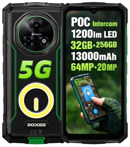 DOOGEE 5G Outdoor Handy Fire 7 PRO, POC Intercom, 1200lm Taschenlampe, 32GB+256GB, 13000mAh Akku, 64MP+20MP Nachtsicht, 6.6'' HD+, Gemini KI, IP68 Stoßfestes Smartphone, 3-Karten-Slot, NFC Grün