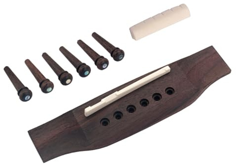 Gitarrenzubehör mit 6 Holzstiften Akustikgitarrenbrücke 1 Satz | Knochen Sattel, Rosenholz Kombination, Ersatzteil für Reparatur und Werkstatt, Kaffeefarben