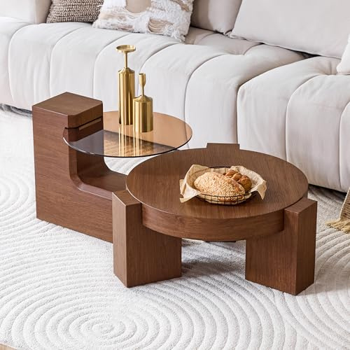 Bladez Mesa de centro con 2 niveles y patas en forma de L, mesa auxiliar redonda desmontable con tapa de cristal de nogal y aspecto de madera, para salón, dormitorio, mesa de centro y mesa de sofá, 61