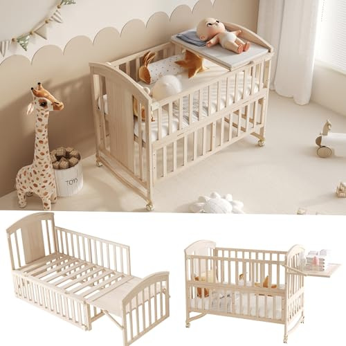 BTM Babybett Höhenverstellbar Baby Cot mit Wickeltisch, Klappbare Rack Babybett Mitwachsend 60x120 (ohne Matratze)