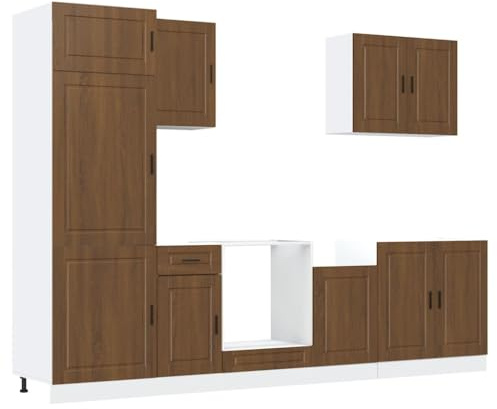 QJBSAVVA Juego de 7 muebles de cocina Porto con diseño de roble marrón, moderno juego de muebles de cocina de madera con armarios altos y bajos para almacenamiento y organización