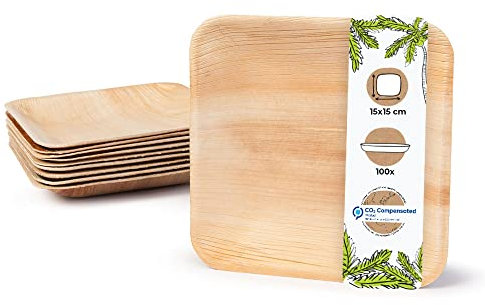 BIOZOYG 100x assiettes en feuille de palmier 15 x 15 cm - Assiettes jetables compostables et naturelles - Vaisselle de fête carrée