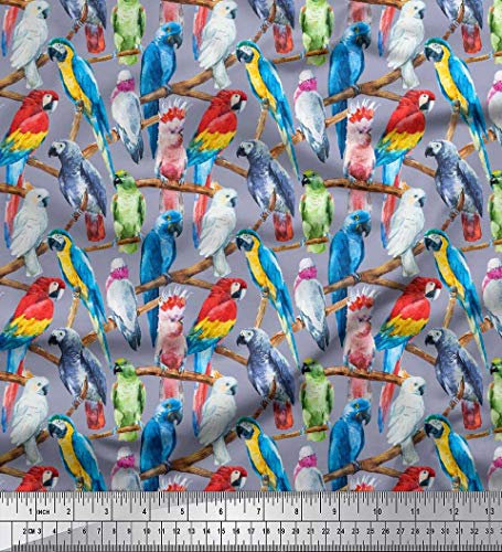 Soimoi Grau Baumwolle Batist Stoff Zweig & bunter Papagei Vogel Stoff Meterware 42 Zoll breit