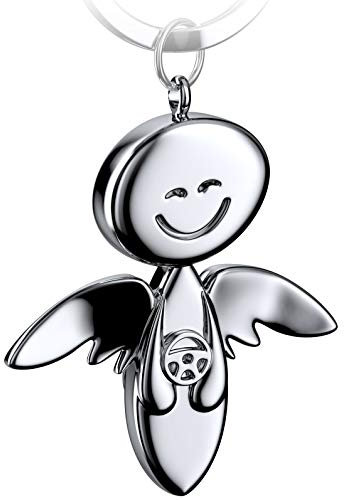 FABACH Schutzengel Schlüsselanhänger Smile mit Lenkrad - Edler Engel Anhänger aus Metall in glänzendem Silber - Geschenk Glücksbringer Auto Führerschein - Fahr vorsichtig