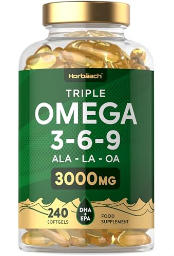 Triple Omega 3 6 9 Capsules 3000mg ALA, LA & OA | 240 Count | High Strength EPA & DHA Essential Fatty Acids | Supplement with Fish Oil, Flaxseed & Sunflower Oil | by Horbaach