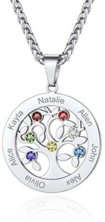 Custom4U Collier Personnalisé 7 Prénoms pour Famille Pendentif Arbre de Vie Acier Inoxydable Gravé