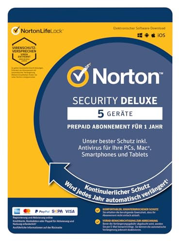 Norton Security Deluxe 5 Geräte / 1 Jahr - 2021 / 2022 - DOWNLOAD - Inklusive Antiviren Software - für Windows, Mac, Android, iOS