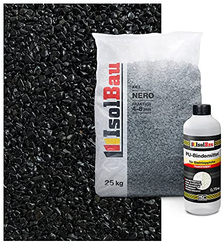 Isolbau Steinteppich Aussen Komplettset Marmorkies 25kg + Bindemittel bis 2,5m² Nero 4/8mm Epoxidharz, Terassenboden, Natursteinboden Marmorkies Bodenbelag, Steinboden, Marmorstein, Innen Außen