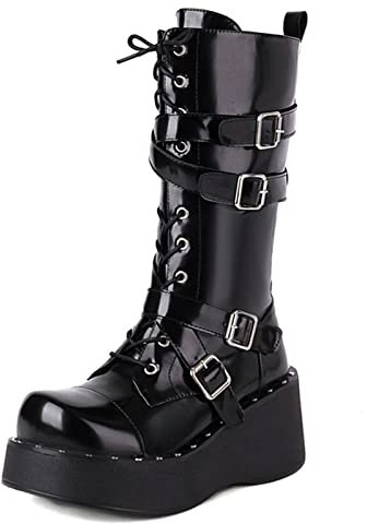 QZPM Invernali Stivale Donna Tacco A Zeppa di Pelle Stringati Stivaletti Alti Militare Biker Anfibi A metà Polpaccio Stivali,Nero,40 EU