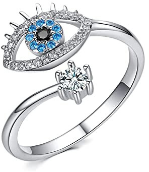 Yifnny Böses Auge Ring, Glücks Blauer Böses Auge Ring Zirkonia Verstellbar Offener Wickelring Schutz Augenringe für Damen (Silber)