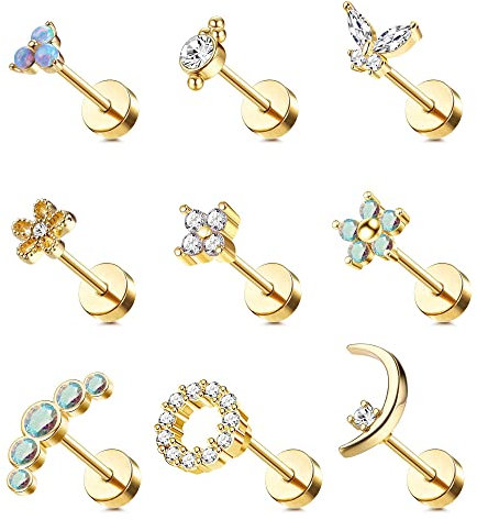 Morfetto 16G Knorpel Ohrstecker für Frauen 316L Edelstahl Schraube Flache Rückseite Ohrringe Schmetterling Mond Blume Opal Knorpel Tragus Daith Helix Piercing Ohrringe