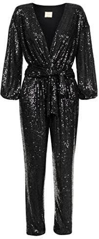 wing Fashion Jumpsuit Damen Elegant | Festliches Jumpsuit Playsuit | Hosenanzug Romper Pailletten-Overall V-Ausschnitt Langarm, Schwarz,34