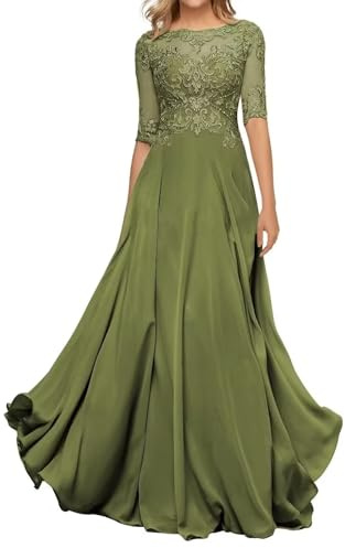HYEC7 Women's Lace Appliques Mother of The Bride Dresses 3/4 Sleeve Long Formal Evening Dresses A Line Prom Dress Olive Green