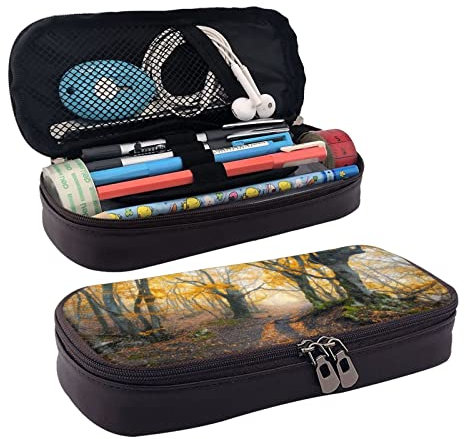 Trousse à crayons en cuir pour filles et garçons Motif forêt sombre mystérieuse dans le brouillard