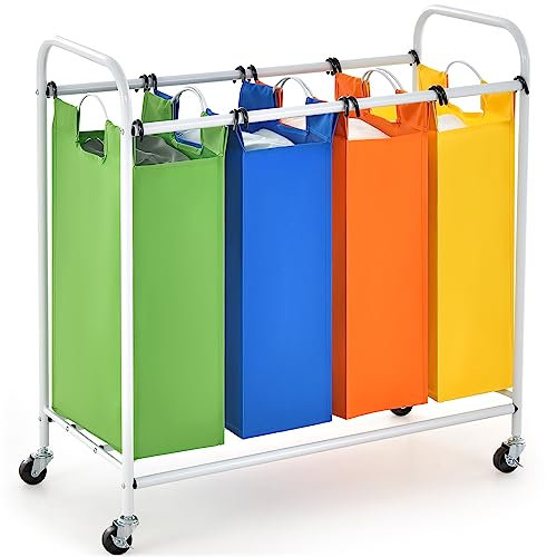 COSTWAY Wäschekörb 136 L, Wäschesammler groß mit 4 abnehmbaren 34 L Wäschesack & Rädern, Wäschesortierer Wäschebox für Badezimmer, Schlafzimmer, 82 x 30 x 85 cm