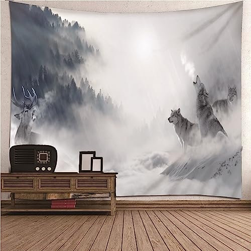 Banemi Wand Teppiche, Wandtuch Wald Weiß Grau Polyester Waldwölfe Wandteppich Deko Schlafzimmer 150x130cm