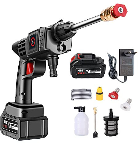 Fulluky Pistola de alta presión inalámbrica con batería de 21 V, 50 bar, pistola de alta presión portátil con batería de 12000 mAh, limpiador de alta presión portátil para coche, terraza (12000 mAh)