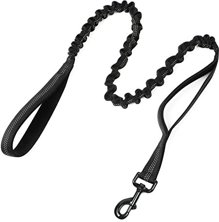 rabbitgoo Hundeleine Große Hunde, Starke Bungee Hundeleine mit 2 Gepolsterten Griff und Metallhaken, Taktische Sicherheit Hundeführleine, Flexi Elastische Ruckdämpfer Führleine, Schwarz 134-183cm