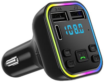 Transmisor FM Bluetooth Coche Manos Libres Coche, 2 Puertos USB A+C 7 Luz RGB Reproductor de mp3, Soporte TF SD USB y Flash Drive se Aplica a Llamadas, música, navegación