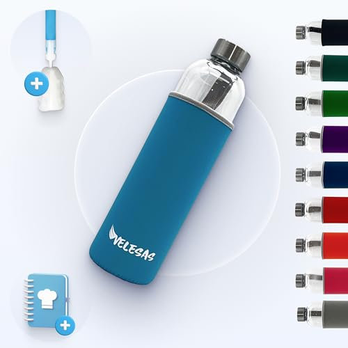 Velesas® Trinkflasche 1l | 500ml mit Schutzhülle | Glasflasche 1l spülmaschinenfest mit Neoprenhülle und Edelstahldeckel | Wasserflasche für Schule, Arbeit, Fitnesssport, BPA-Frei Hellblau