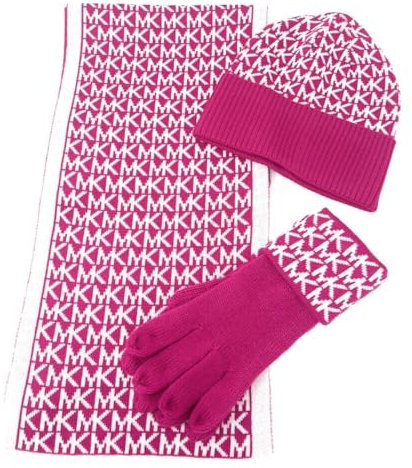 Michael Kors Damen Circle Logo Schal Mütze Handschuh Set Camel/Cream, Deep Fuchsia/Creme, Medium