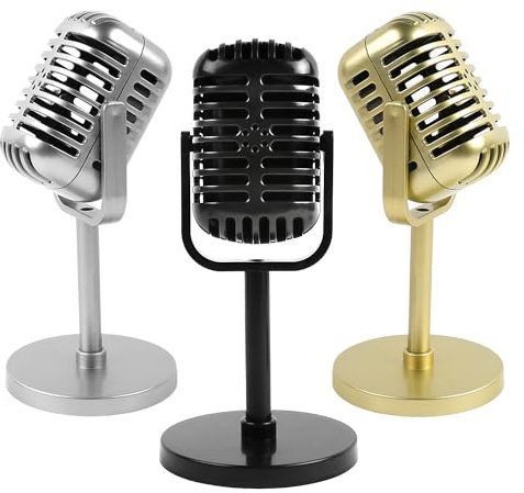ASUNFO Set of 3 Retro Microphone Props Vintage Microphone Model with Stand for Home Office Table Decor (3 Colors)