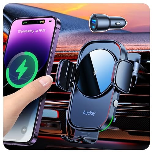 Auckly Qi 15W Car Phone Holder Wireless Charger,【60W PD+QC3.0 Car Chager】,Wireless Car Charger Air Vent Mount Compatible for S8~S23,for iPhone 12 13 14 15 16 Pro Max Plus Mini 11 Pro XS XR